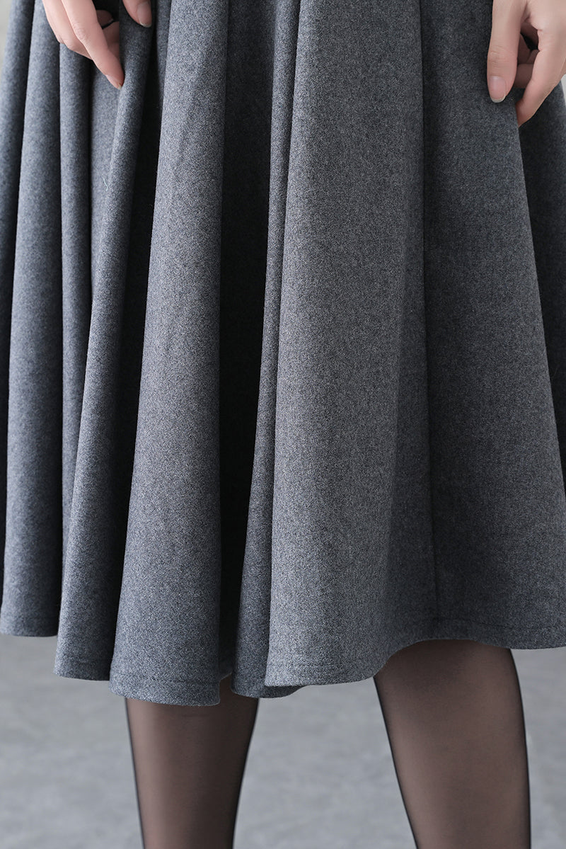 Vintage Gray Wool Skirt – Handmade Winter A-line Skirt with Pockets 3840