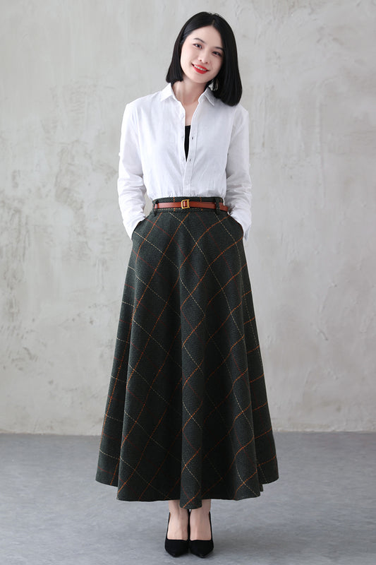 Green Plaid Wool Maxi Skirt – Vintage Swing High Waist Winter Skirt with Pockets 3841