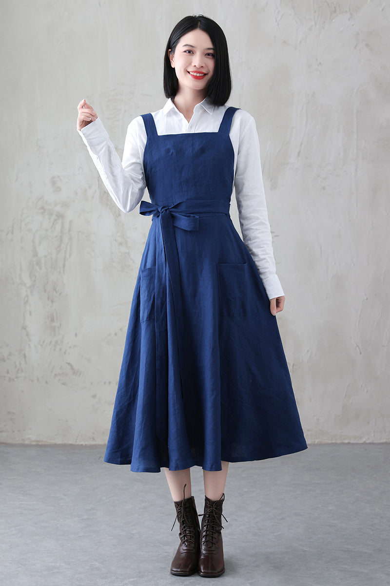 Women Blue Midi Linen Pinafore Dress 3844 Xiaolizi Women Blue Midi Linen Pinafore Dress 3844 Xiaolizi