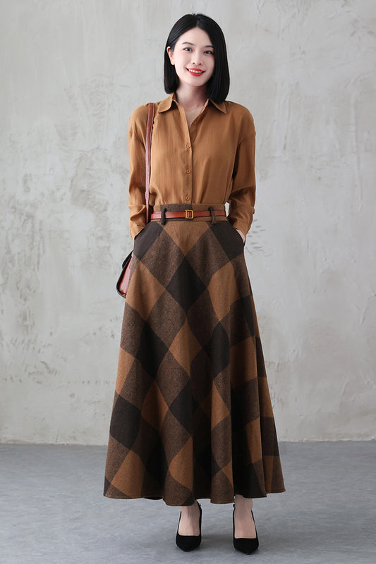 High Waisted Winter Plaid Wool Skirt 3845