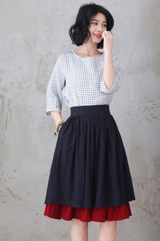 Blue Linen Midi Skirt - Layered Pleated Flowy Design 3306