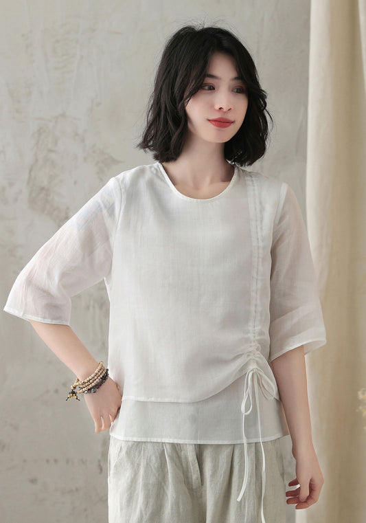 White Causal Drawstring Linen Shirt Top 2825