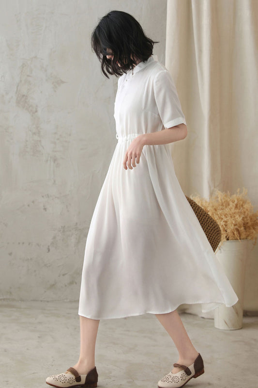 White Polyester Swing Dress - Stand-Up Collar, Loose Fit 2829