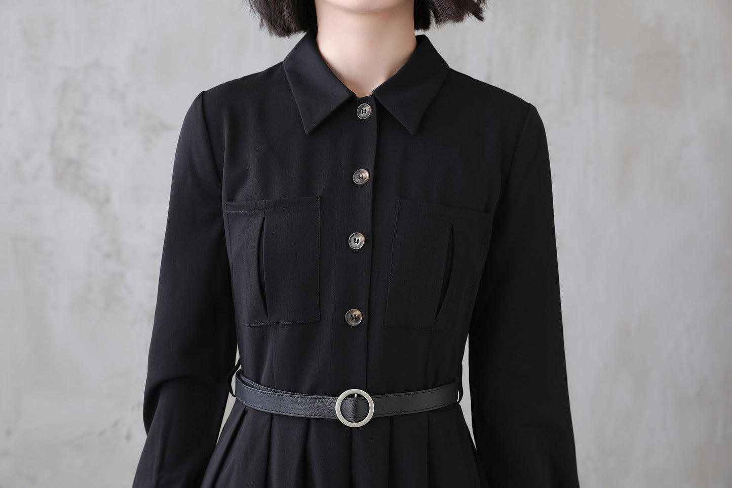 Vintage Inspired Black Shirtwaist Midi Dress 311301