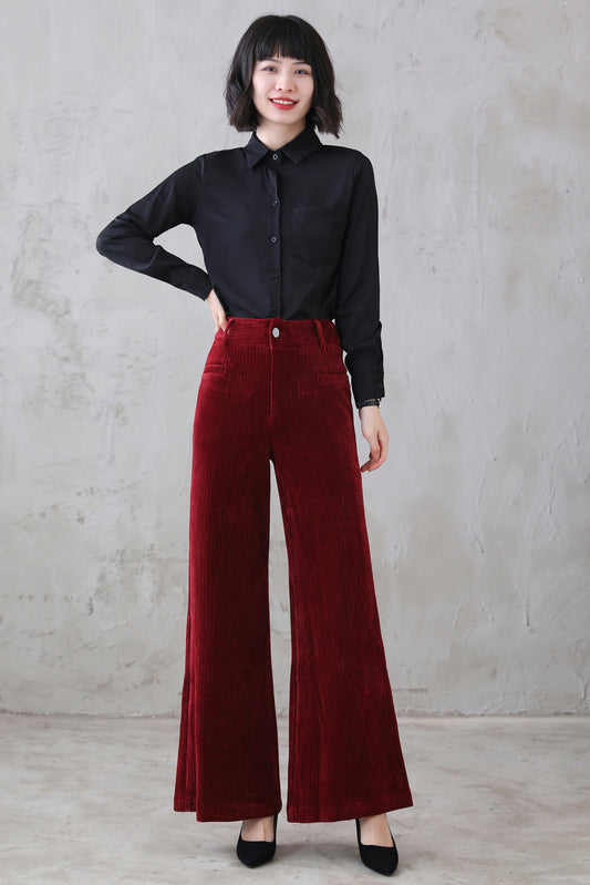 Red Corduroy Wide Leg pants for women 311501