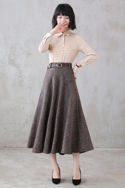 Coffee Plaid Wool Maxi Skirt, Retro Long Skirt 311901