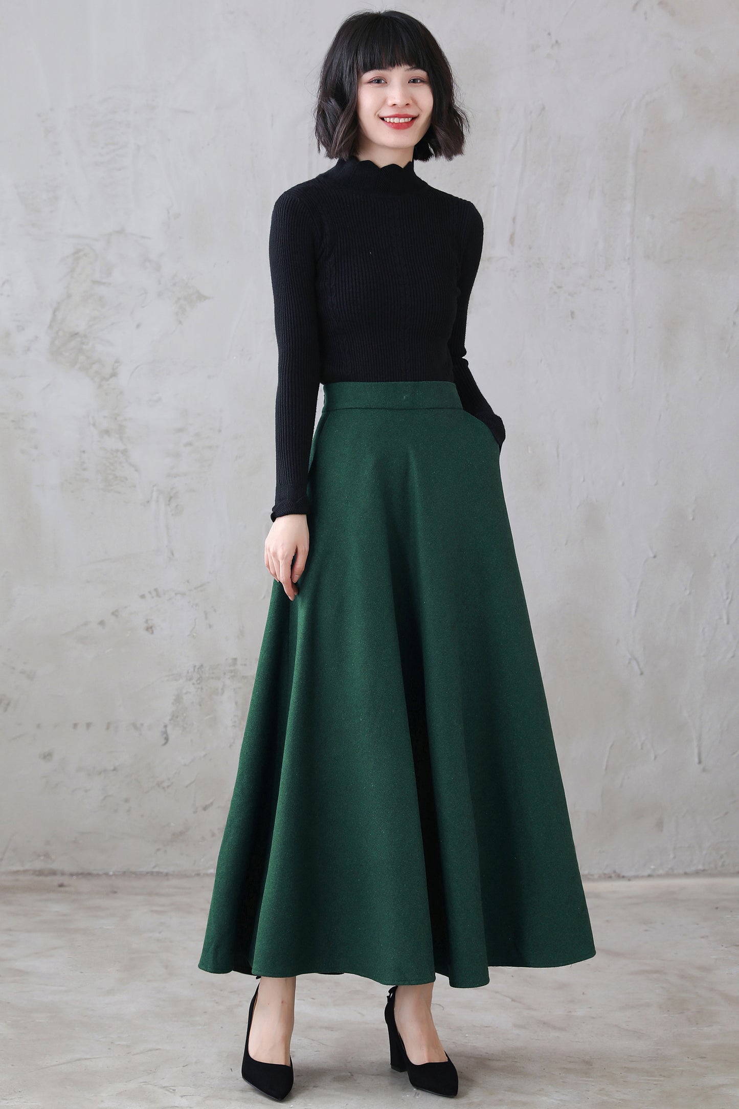 Green Maxi Wool  Retro Swing Skirt 3121