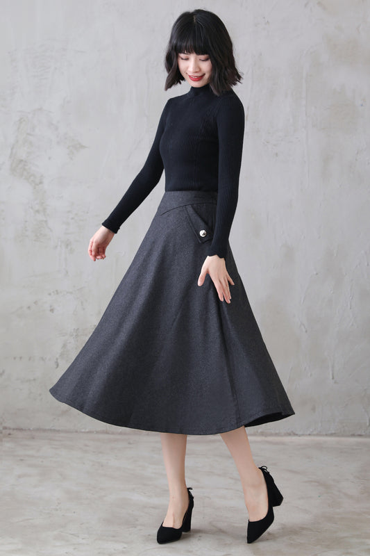 Dark Grey Winter High Waist Mid Umbrella Skirt 312201