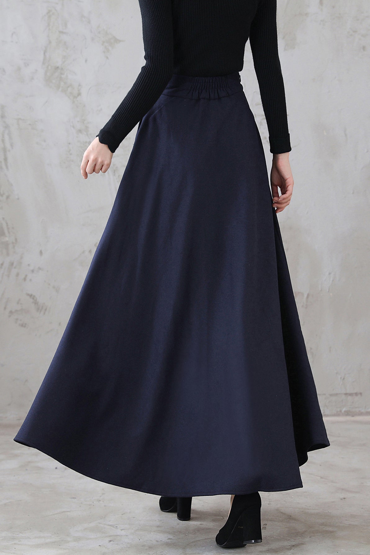 Navy Wool A-Line Long Skirt - Flared Silhouette with Pockets 3116