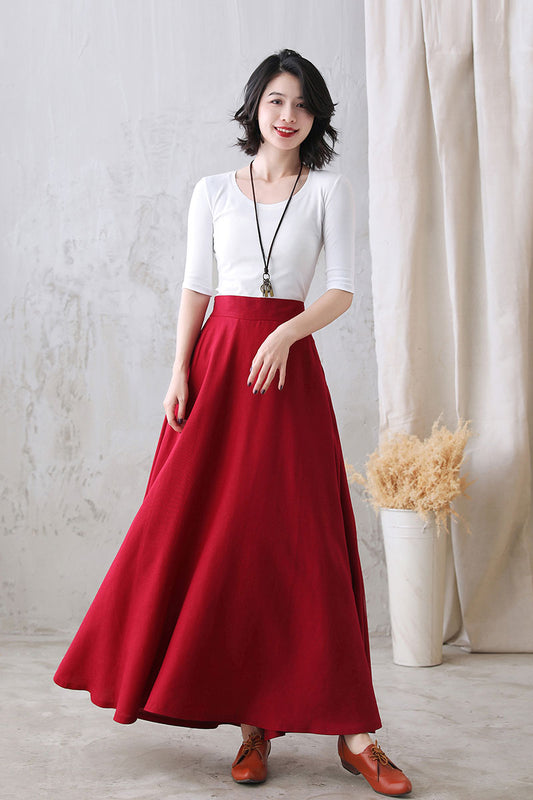 Autumn Flowy Swing Linen Maxi Skirt with Pockets 2769