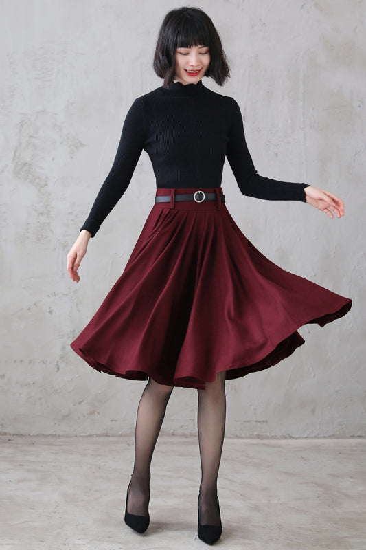 Burgundy Wool Midi Skirt – Vintage High Waist Pleated Circle Skirt 3110