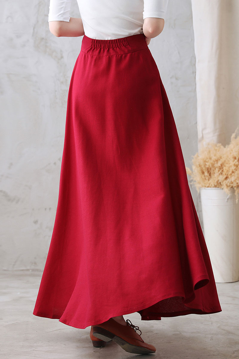 Autumn Flowy Swing Linen Maxi Skirt with Pockets 2769