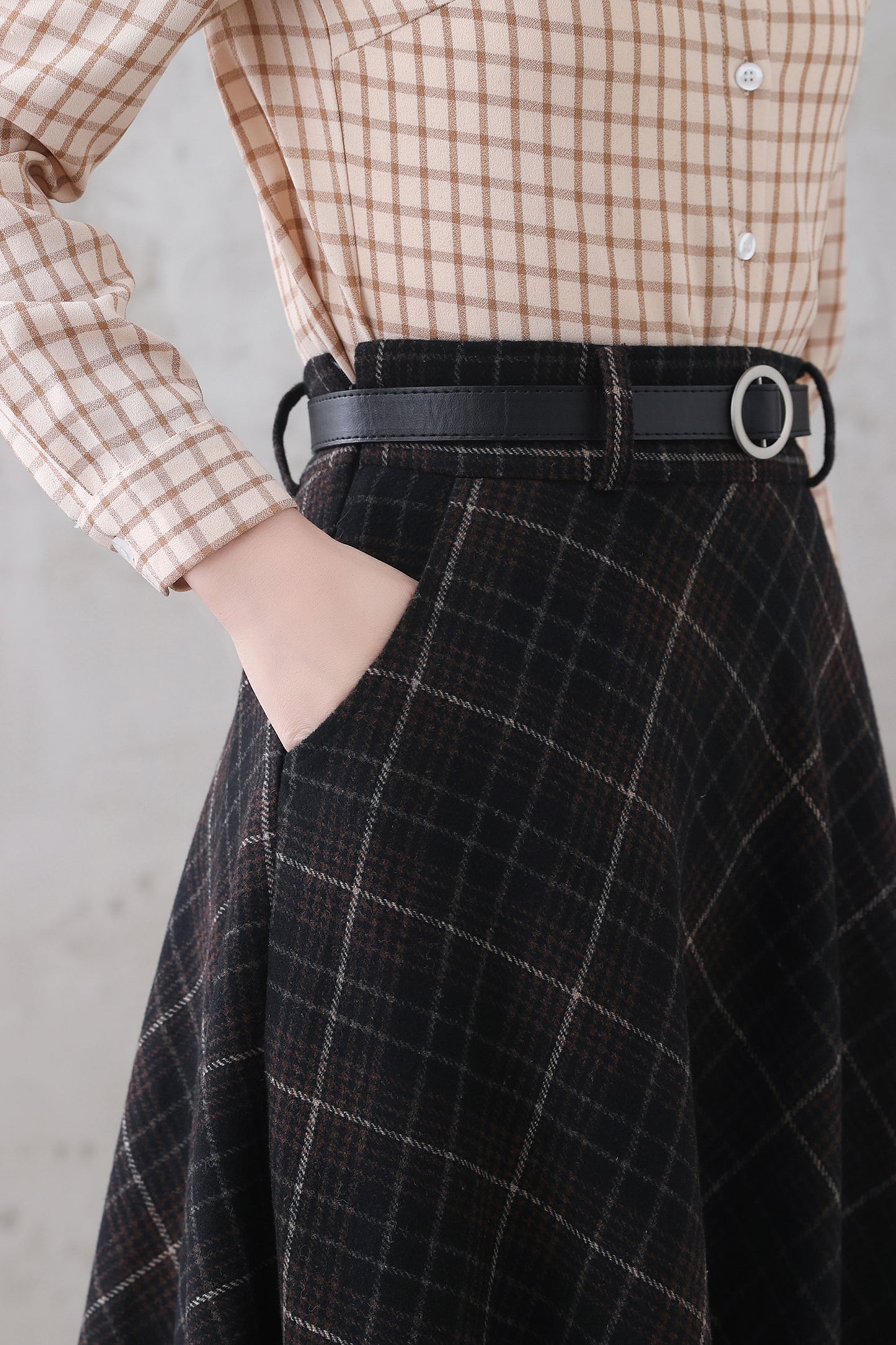 Plaid Wool Blend Maxi Skirt – Handmade High Waist Flared Winter Elegance 3321