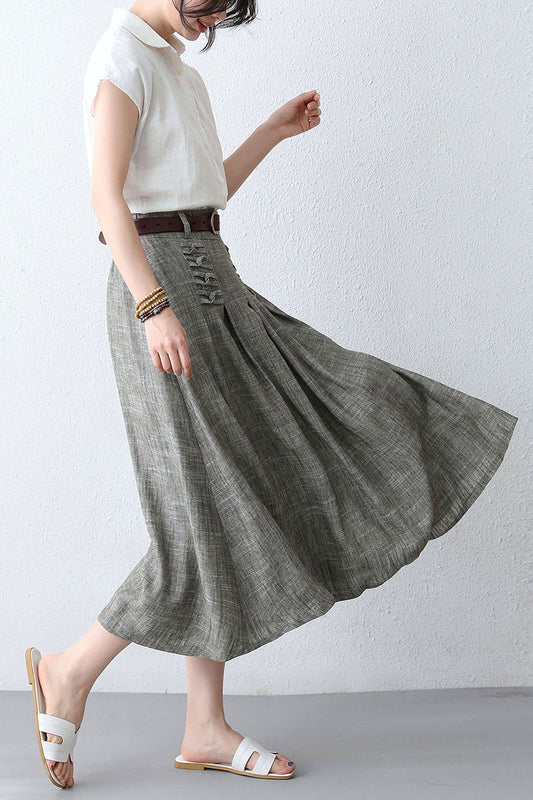 50s Women High Waisted Linen Midi Skirt 288301#