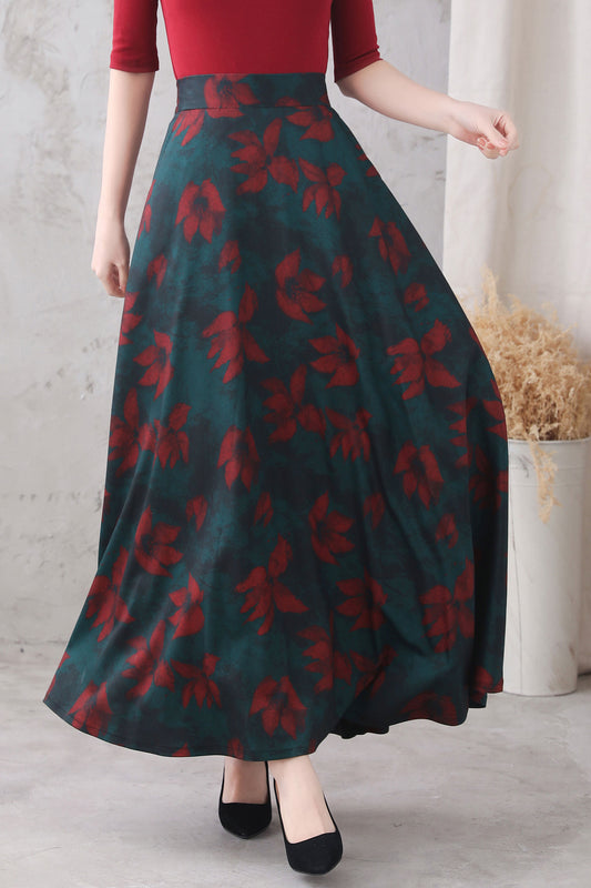 Floral Wool Maxi Skirt - A-Line Silhouette with Elastic Waist 3326