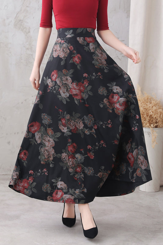 Floral Wool Blend Maxi Skirt - High Waist, Ankle Length 3327