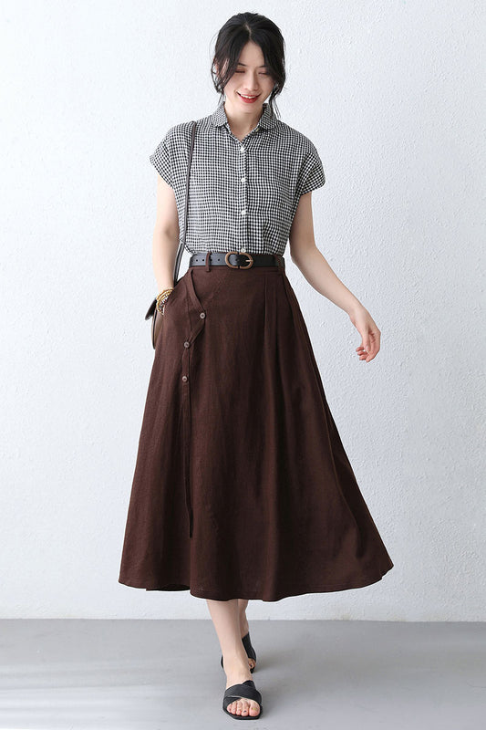 Women's Brown Linen Midi Skirt with Pocket 2886