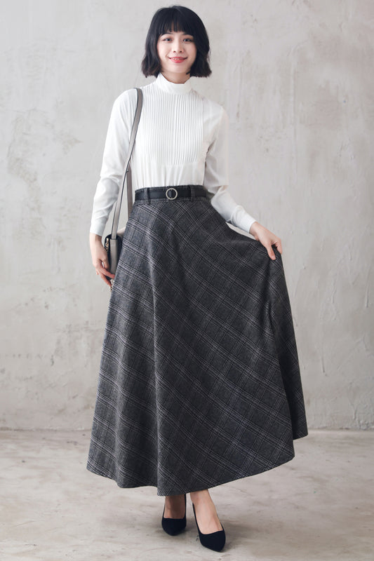 Gray Plaid Wool Maxi Skirt – Vintage High Waist Winter Skirt with Pockets 3106