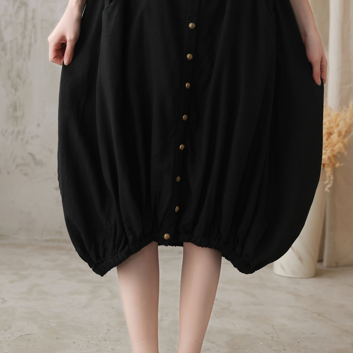 Black Oversized Bubble Linen Dress 272801