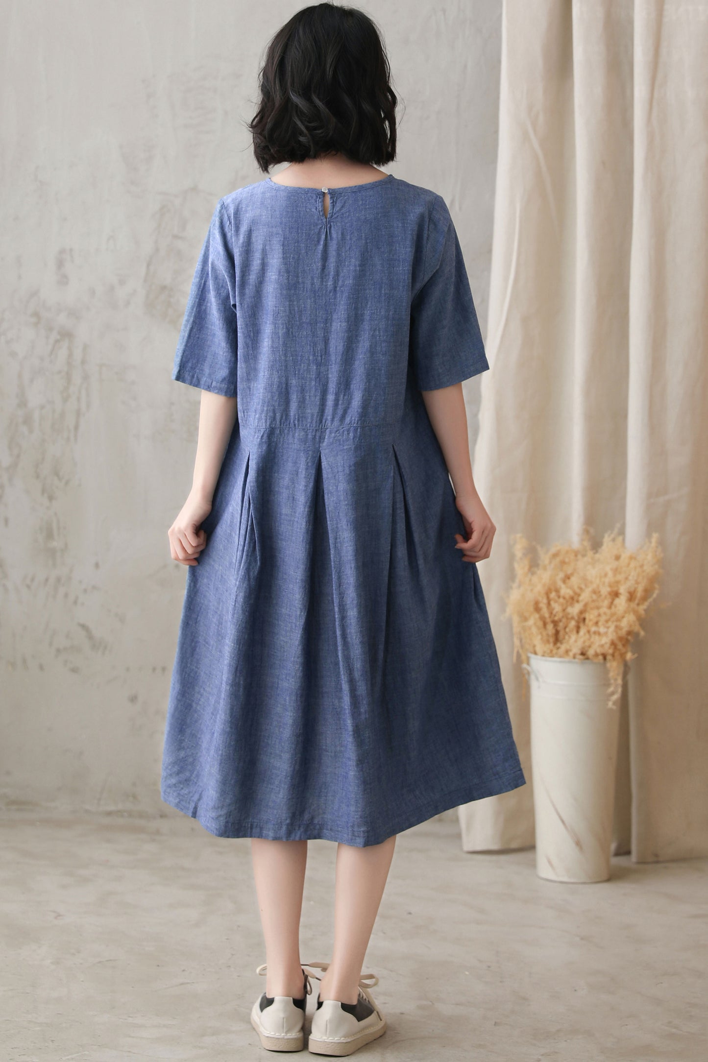 Blue Cotton Linen Midi Dress - Loose Waist Pleated Waistband 2729