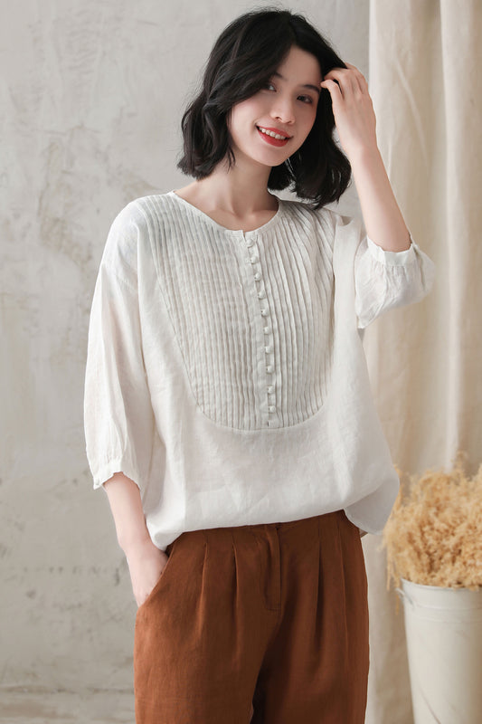 White Linen Blouse – Vintage Loose Fit Tunic Top with Pintuck Pleats 2733