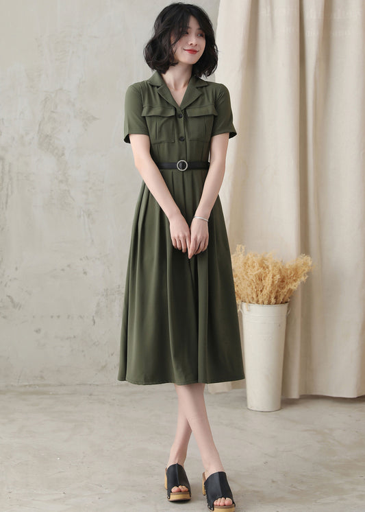 short sleeve pleated midi shirt dress 2821