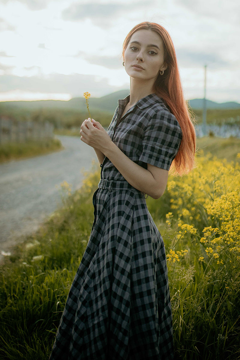 Gingham Check Linen Dress – Short Sleeve Retro Midi Outfit 3720
