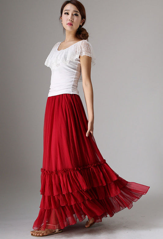 Elegant Handmade Red Chiffon Skirt – Layered Ruffle Maxi for Women | Xiaolizi 0985