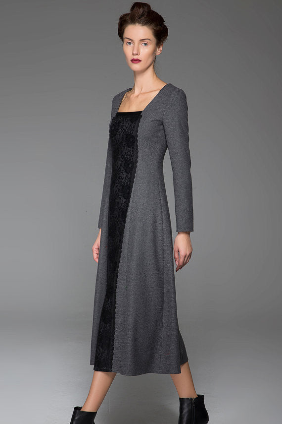 Dark Gray Wool Dress Slim Wool Dress Black Stitching Dress (1442) Xiaolizi Dark Gray Wool Dress Slim Wool Dress Black Stitching Dress (1442) Xiaolizi