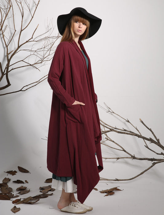 Red Cotton Linen Duster Coat – Handmade Long Cardigan Jacket 1135