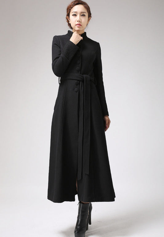 Handmade Black Wool Maxi Coat – Elegant Mandarin Collar Winter Overcoat with Belt | Xiaolizi 0717