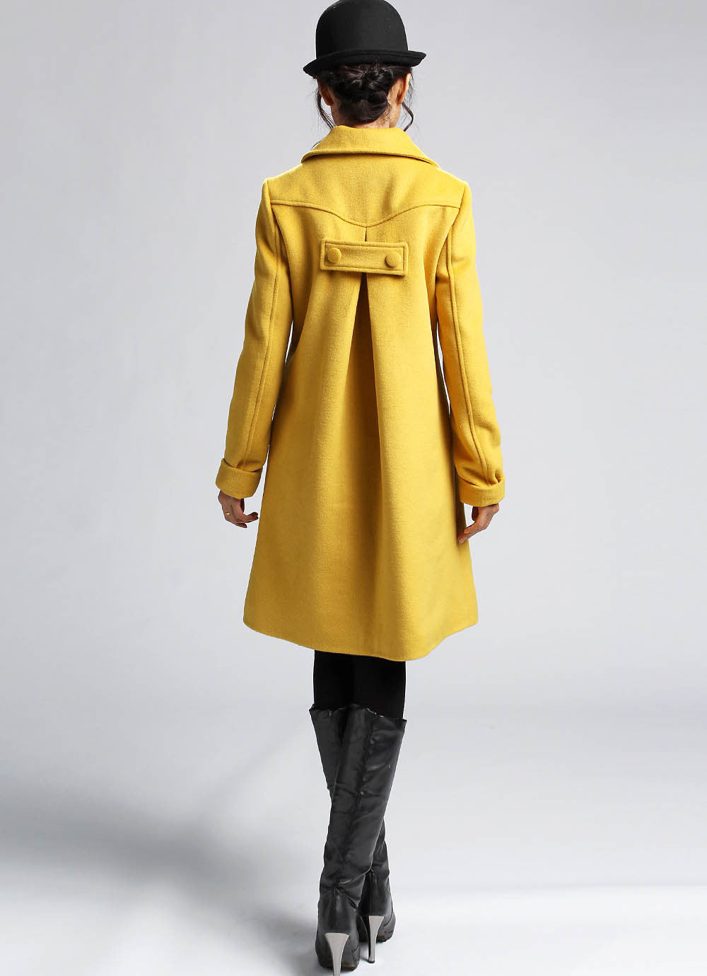 Handmade Wool Winter Coat – Mustard Yellow A-Line Jacket with Buttons | Xiaolizi 399