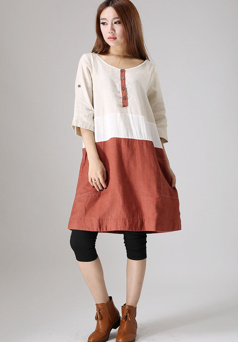 Casual linen block color dress woman patchwork dress 0833# Xiaolizi Casual linen block color dress woman patchwork dress 0833# Xiaolizi