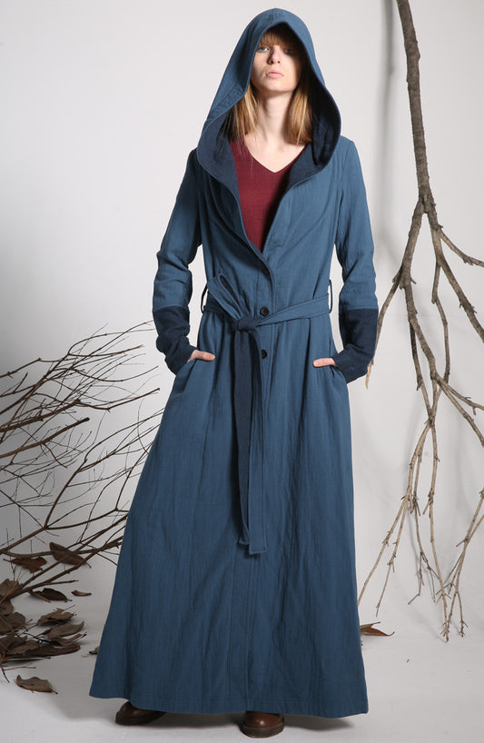Women’s Hooded Linen Trench Coat – Long Blue Cotton Linen Jacket 1139