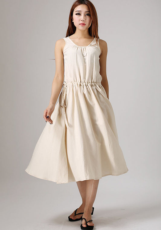 Natural Linen Summer Dress – Sleeveless Ivory Midi Dress for Women | Xiaolizi 0879