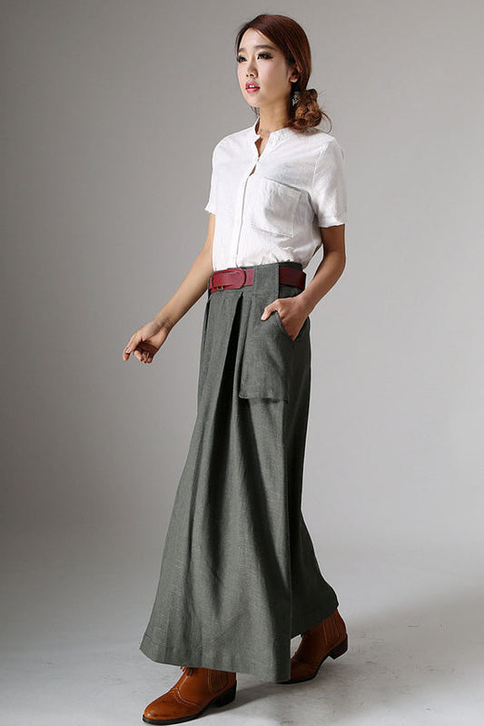 Olive Green Linen Cotton Maxi Skirt – Vintage High Waist Skirt with Large Pockets 987