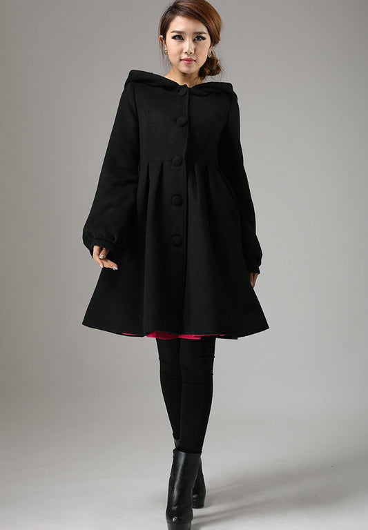 Black Hooded Wool Coat – Handmade Single-Breasted Winter Short Coat | Xiaolizi 730
