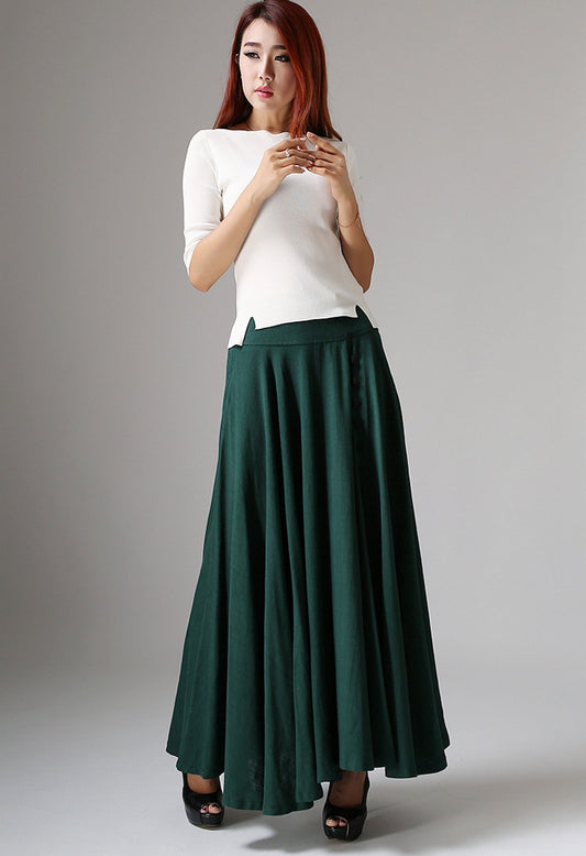 Handmade Green Linen Maxi Skirt – Vintage High Waist A-Line Skirt | Xiaolizi 1040