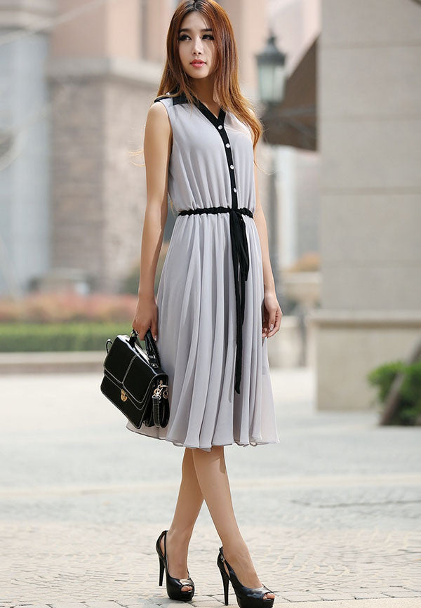 Gray dress woman chiffon dress custom made midi dress with black detai –  Xiaolizi