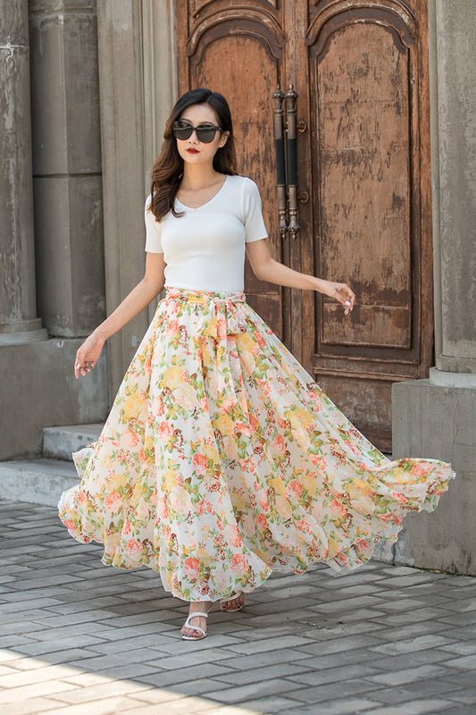 Floral Chiffon Maxi Skirt - Elastic Waist with Belt 3435