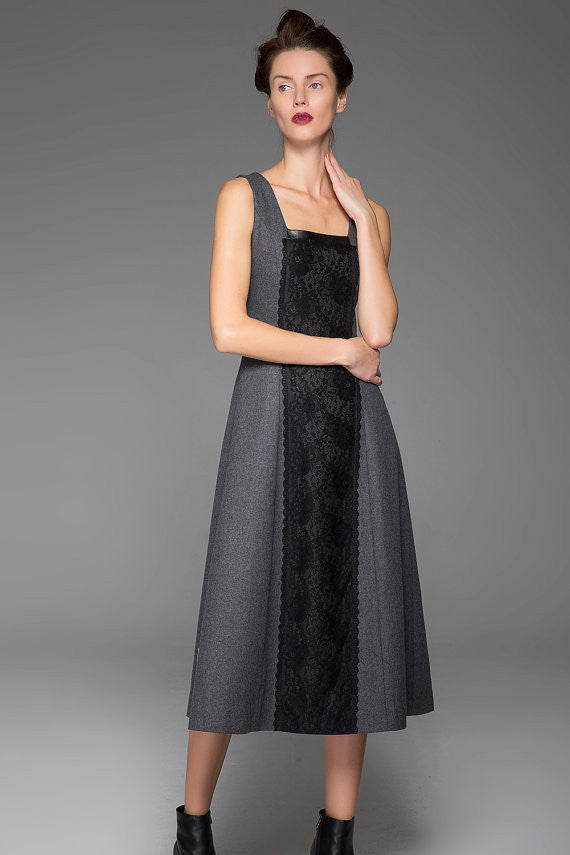 Dark Gray Wool Long Vest Winter Dress Warm Vest Dress With Black Lace Xiaolizi Dark Gray Wool Long Vest Winter Dress Warm Vest Dress With Black Lace Xiaolizi