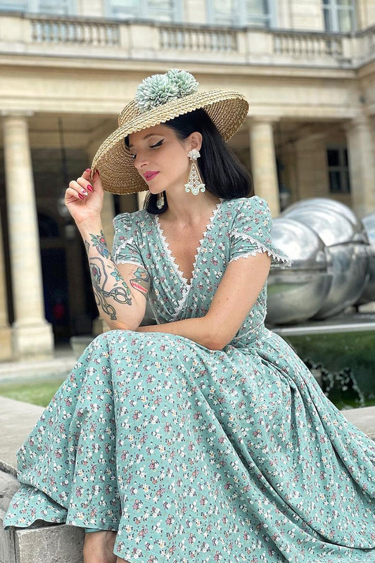 Vintage Floral Linen Cotton Maxi Dress – Women’s 1950s Inspired Prom & Bridesmaid Dress 0665