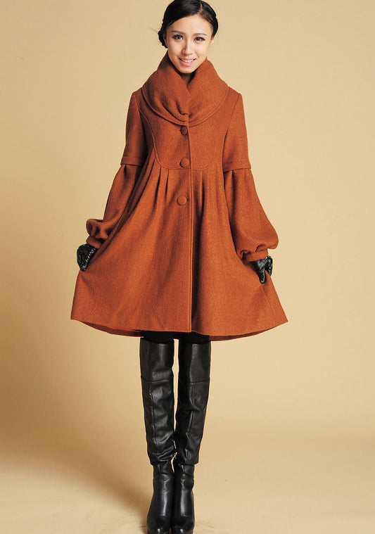 Vintage Wool Winter Coat – Handmade Oversized A-Line Coat with Lantern Sleeves 0383