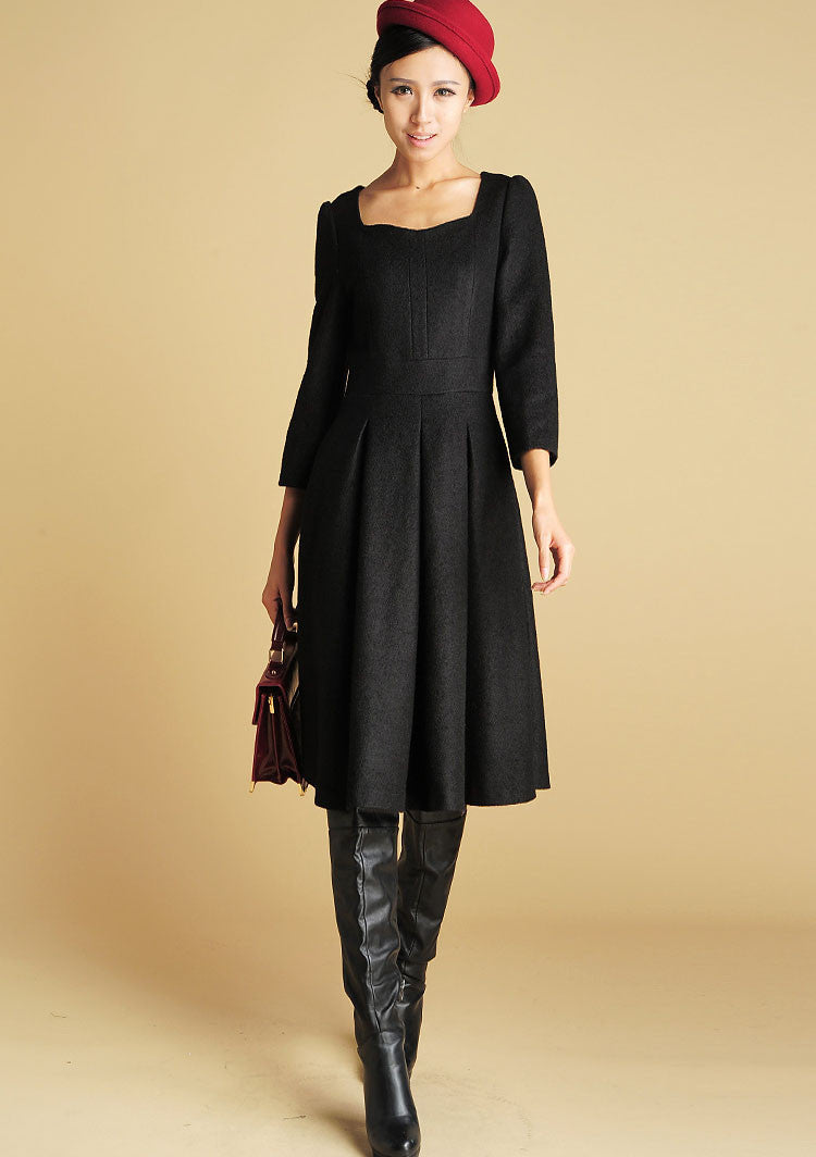 Wool Tailored Black Dress - Midi Length Structured Dress with Sweethea Wool Tailored Black Dress - Midi Length Structured Dress with Sweethea