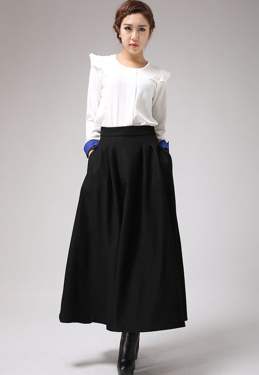 Black Wool Blend Maxi Skirt – Handmade High Waist Pleated Winter Elegance 0722