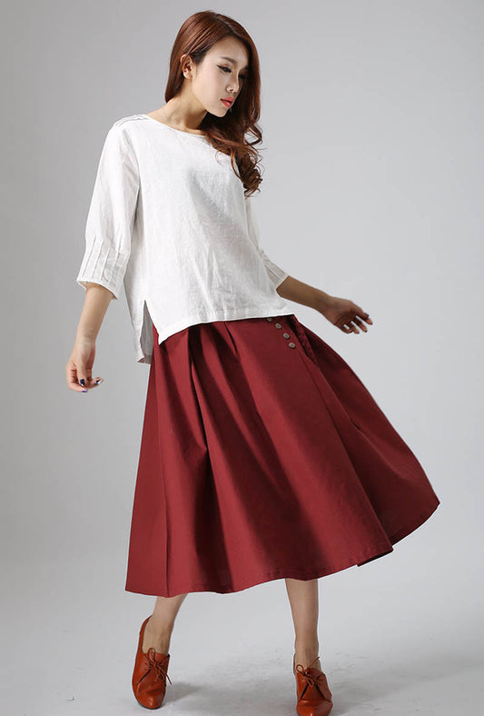 Wine Red Linen Midi Skirt - Pleated Detail with Back Elastic Waist 814