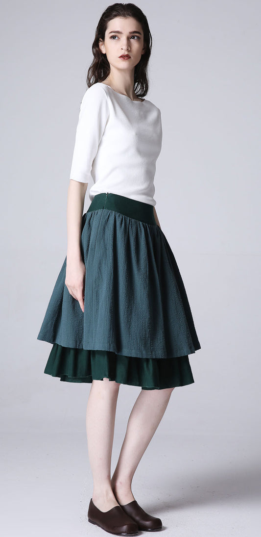 Green Linen Midi Skirt - Flared Silhouette with Layered Hem 1189