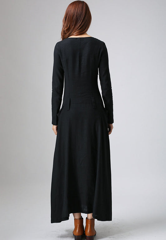 Black dress maxi linen woman's long sleeve dress casual dress custom made 805#