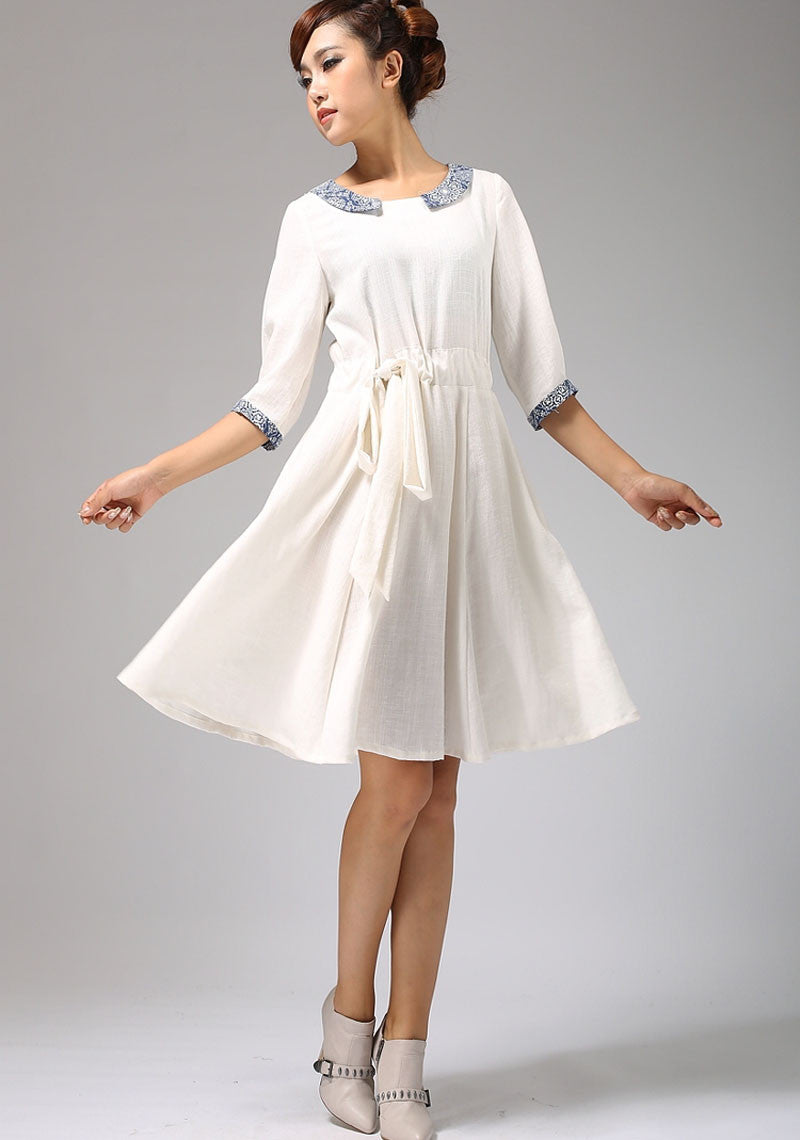 White linen dress with collar and elbow length sleeves (675) Xiaolizi White linen dress with collar and elbow length sleeves (675) Xiaolizi