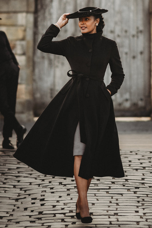 Handmade Black Wool Coat – Long Single-Breasted High-Collar Winter Overcoat for Women | Xiaolizi 3913